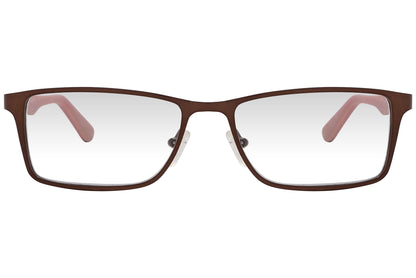 cellini rectangle red eyeglasses frame viewed from front angle.