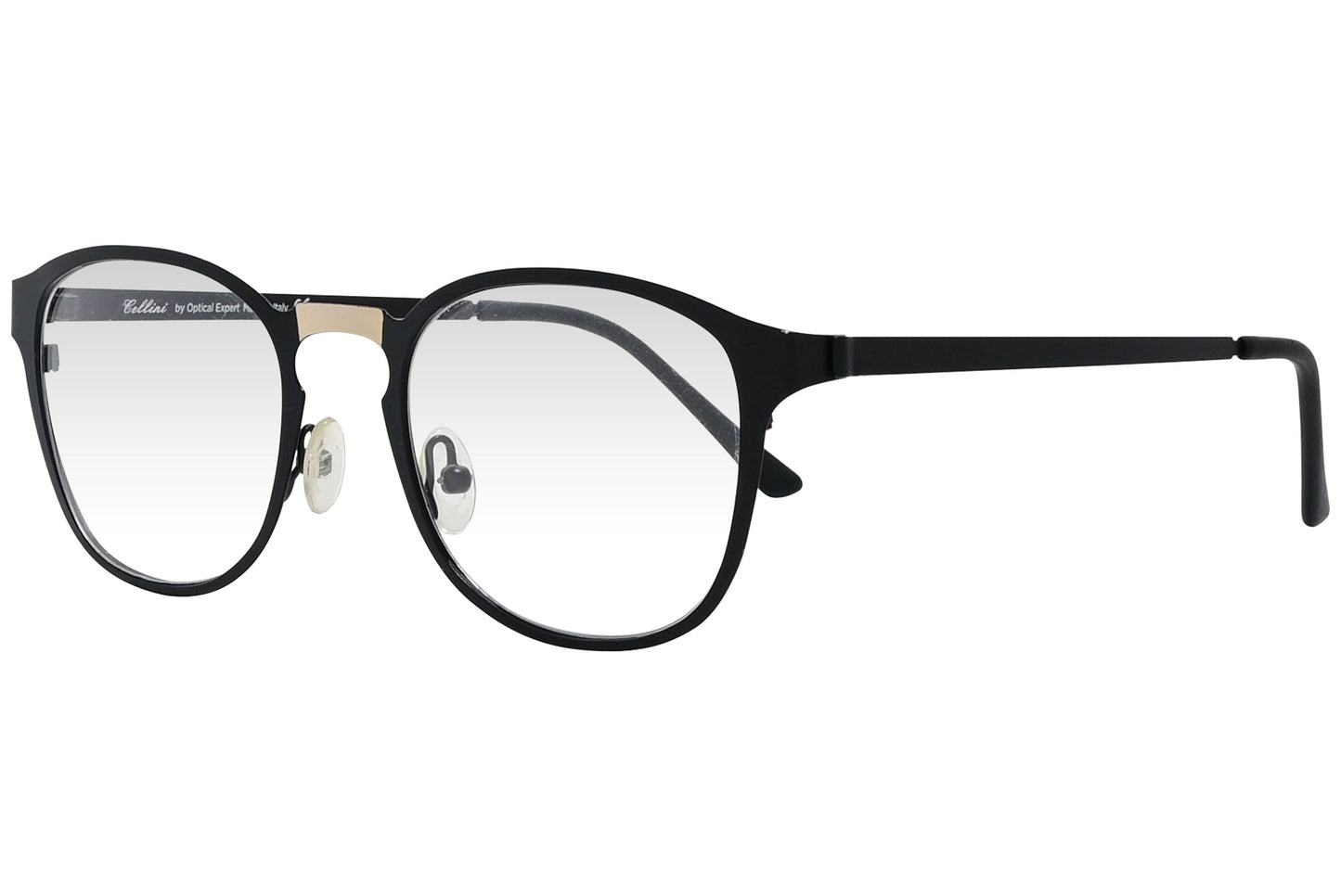 cellini round black eyeglasses frame viewed from a 45-degree angle.