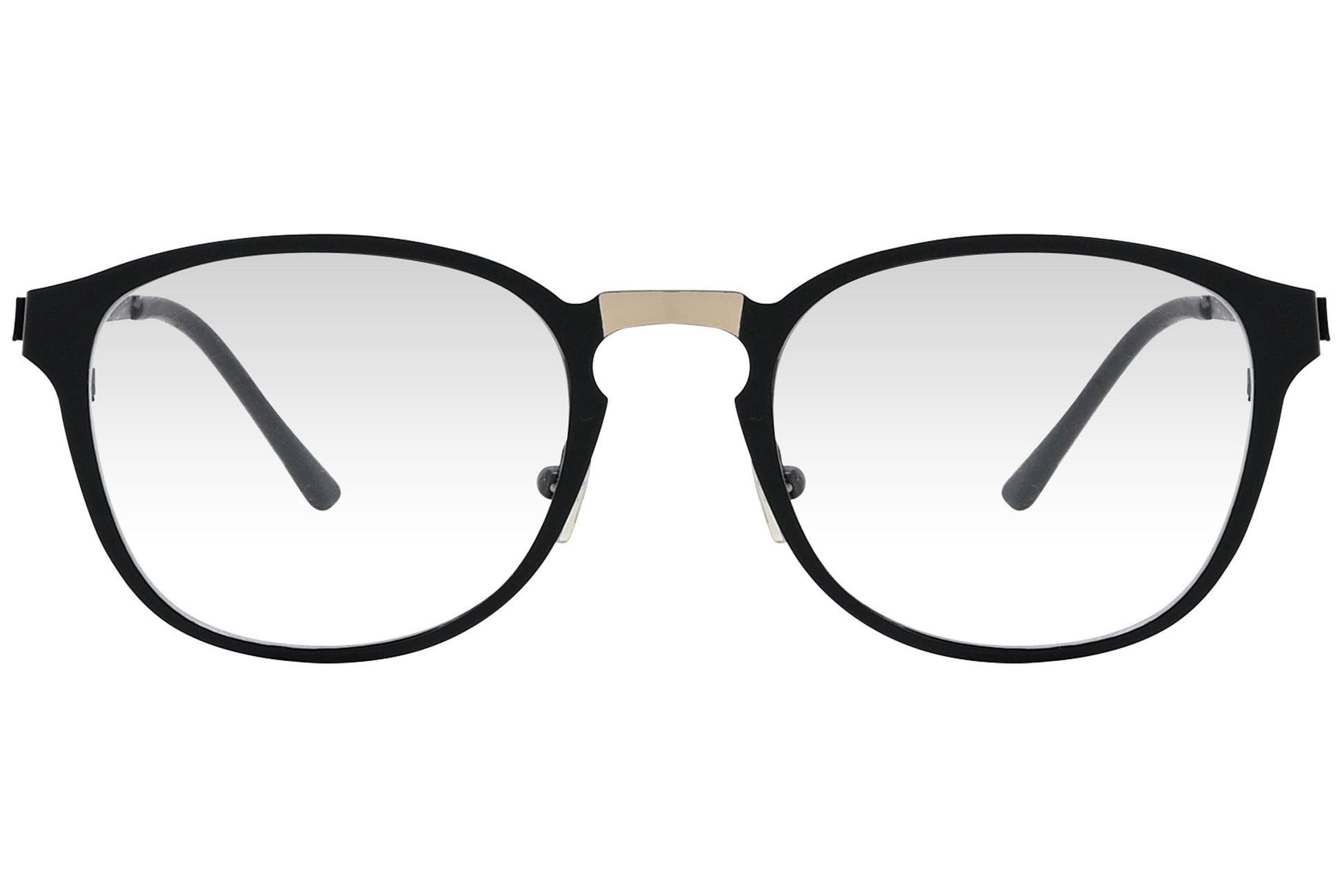 cellini round black eyeglasses frame viewed from front angle.