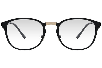 cellini round black eyeglasses frame viewed from front angle.