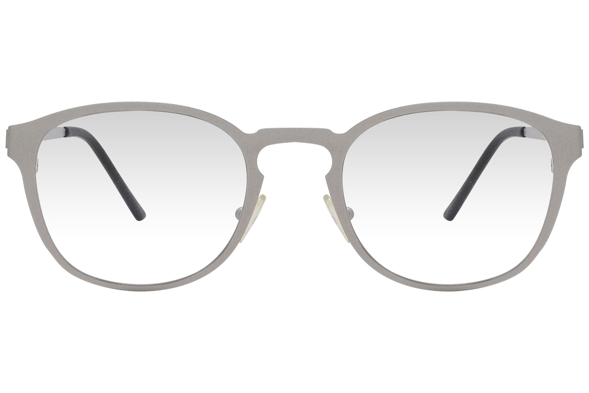 cellini round silver eyeglasses frame viewed from front angle.