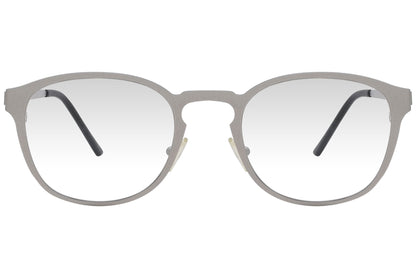 cellini round silver eyeglasses frame viewed from front angle.