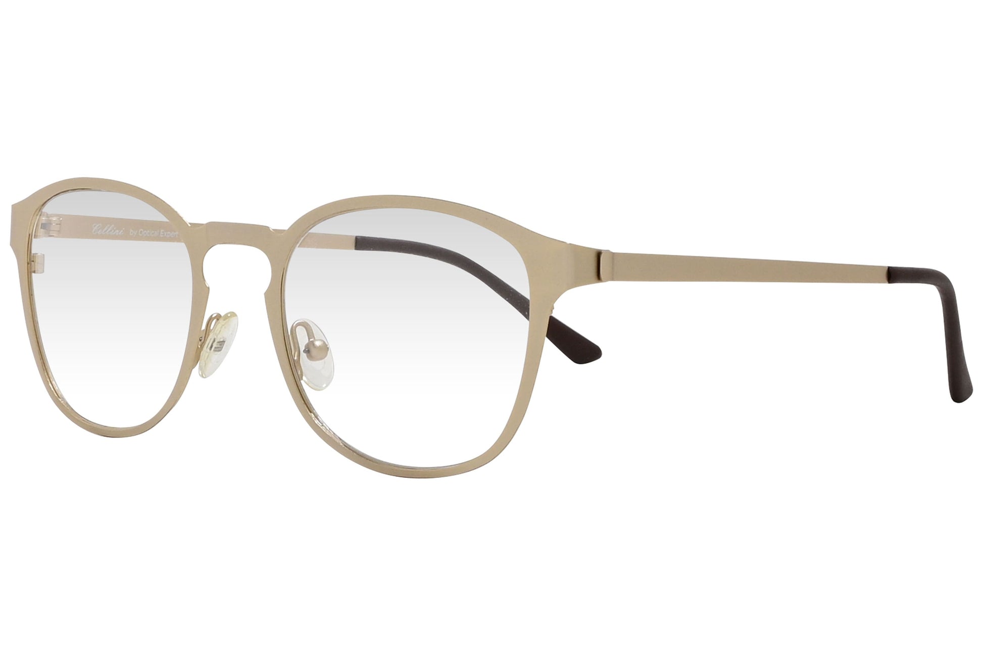 cellini round gold eyeglasses frame viewed from a 45-degree angle.