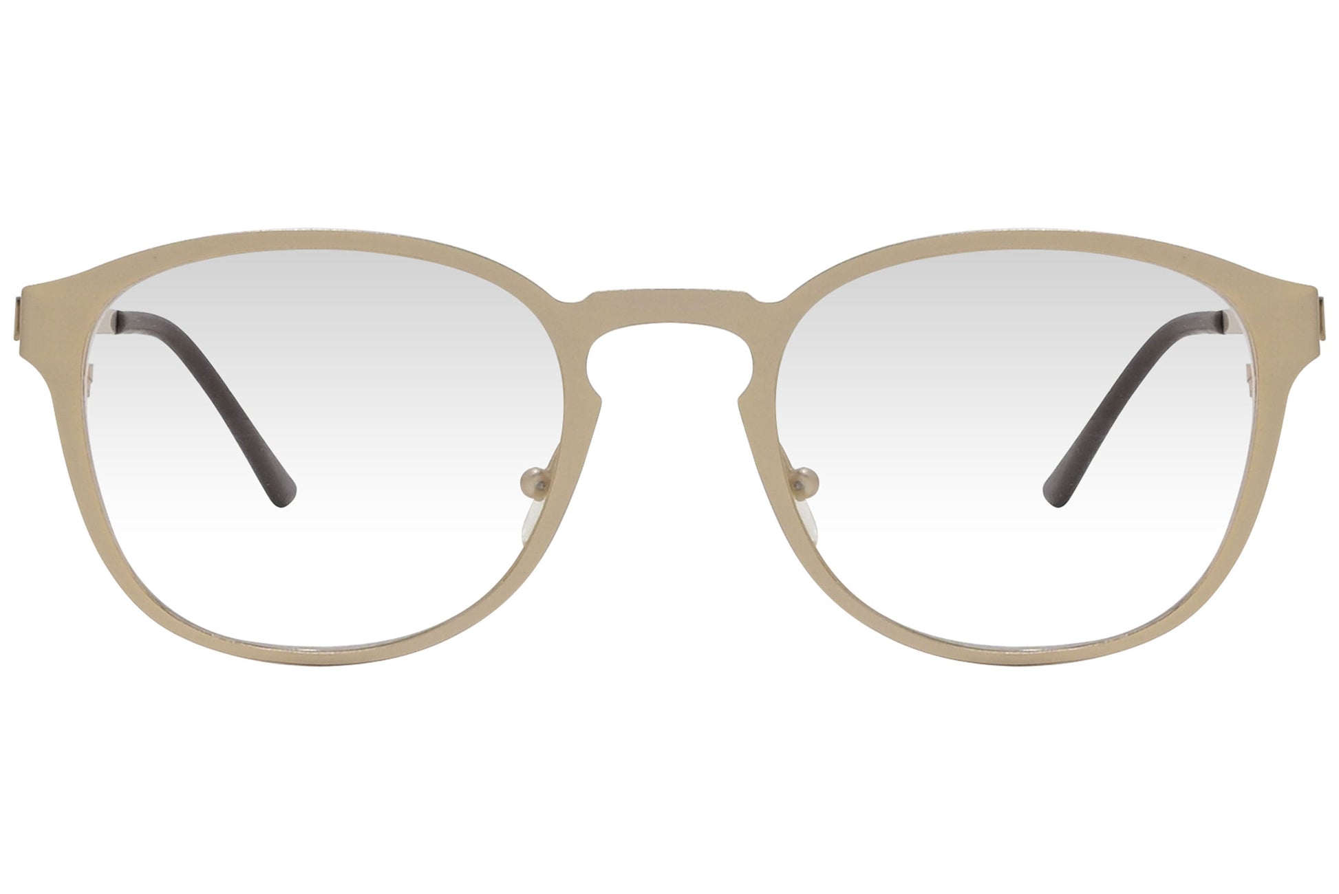 cellini round gold eyeglasses frame viewed from front angle.