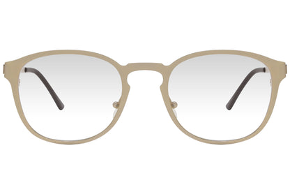 cellini round gold eyeglasses frame viewed from front angle.