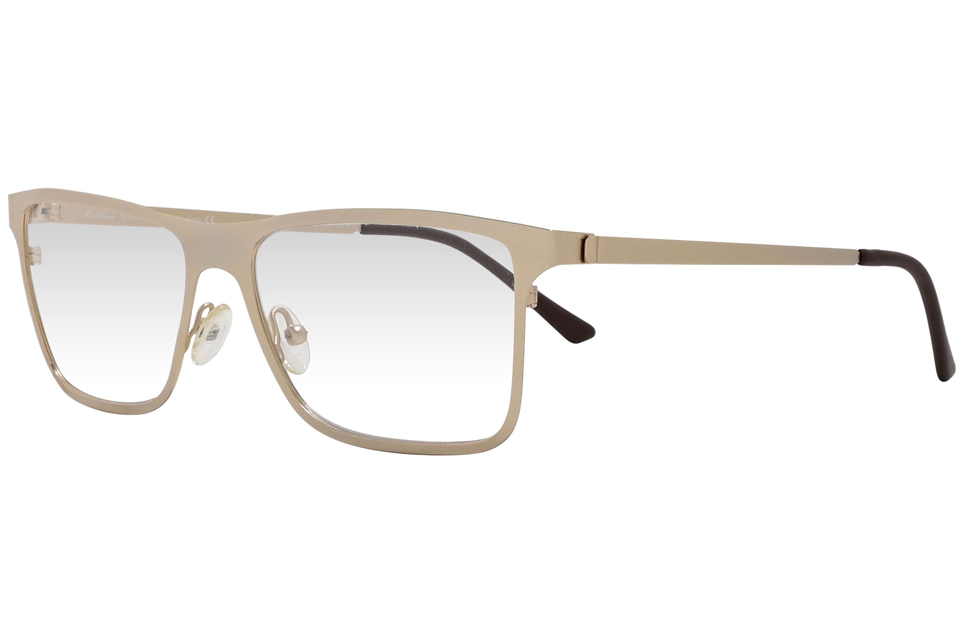 cellini rectangle gold eyeglasses frame viewed from a 45-degree angle.