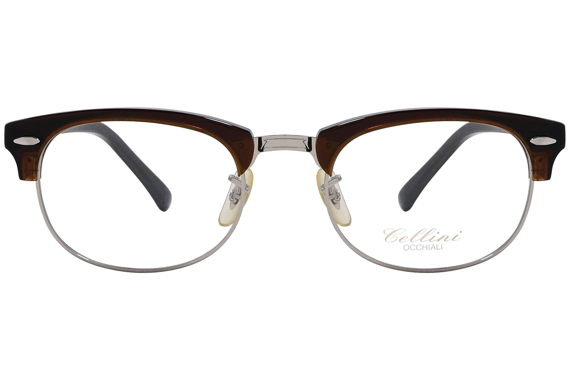 cellini browline brown eyeglasses frame viewed from front angle.