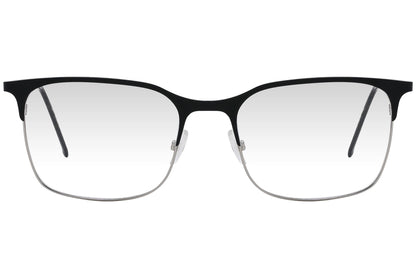 cellini browline black eyeglasses frame viewed from front angle.