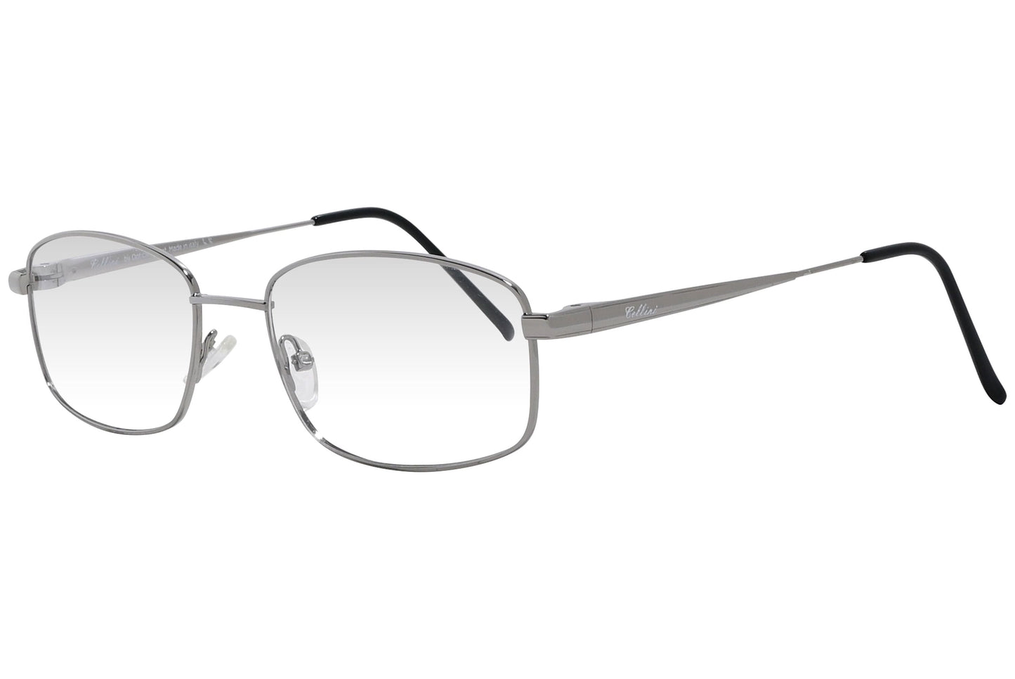 cellini rectangle silver eyeglasses frame viewed from a 45-degree angle.