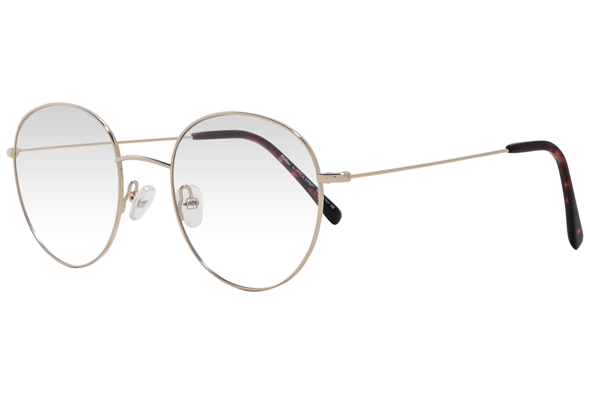 cellini round gold eyeglasses frame viewed from a 45-degree angle.