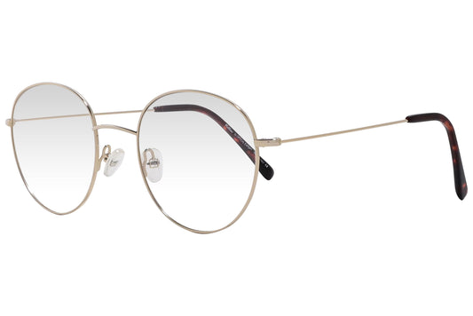 cellini round gold eyeglasses frame viewed from a 45-degree angle.