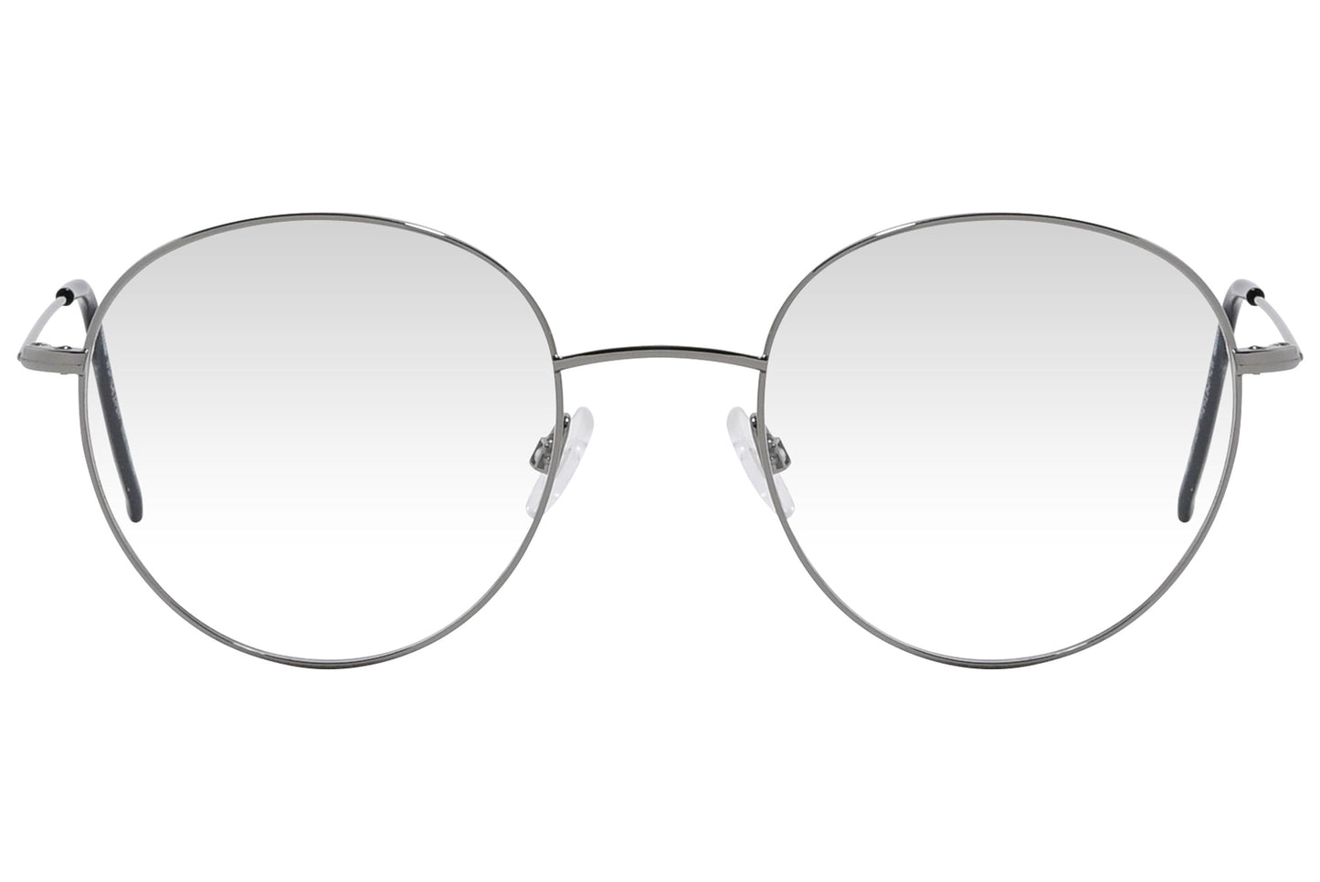 cellini round silver eyeglasses frame viewed from front angle.