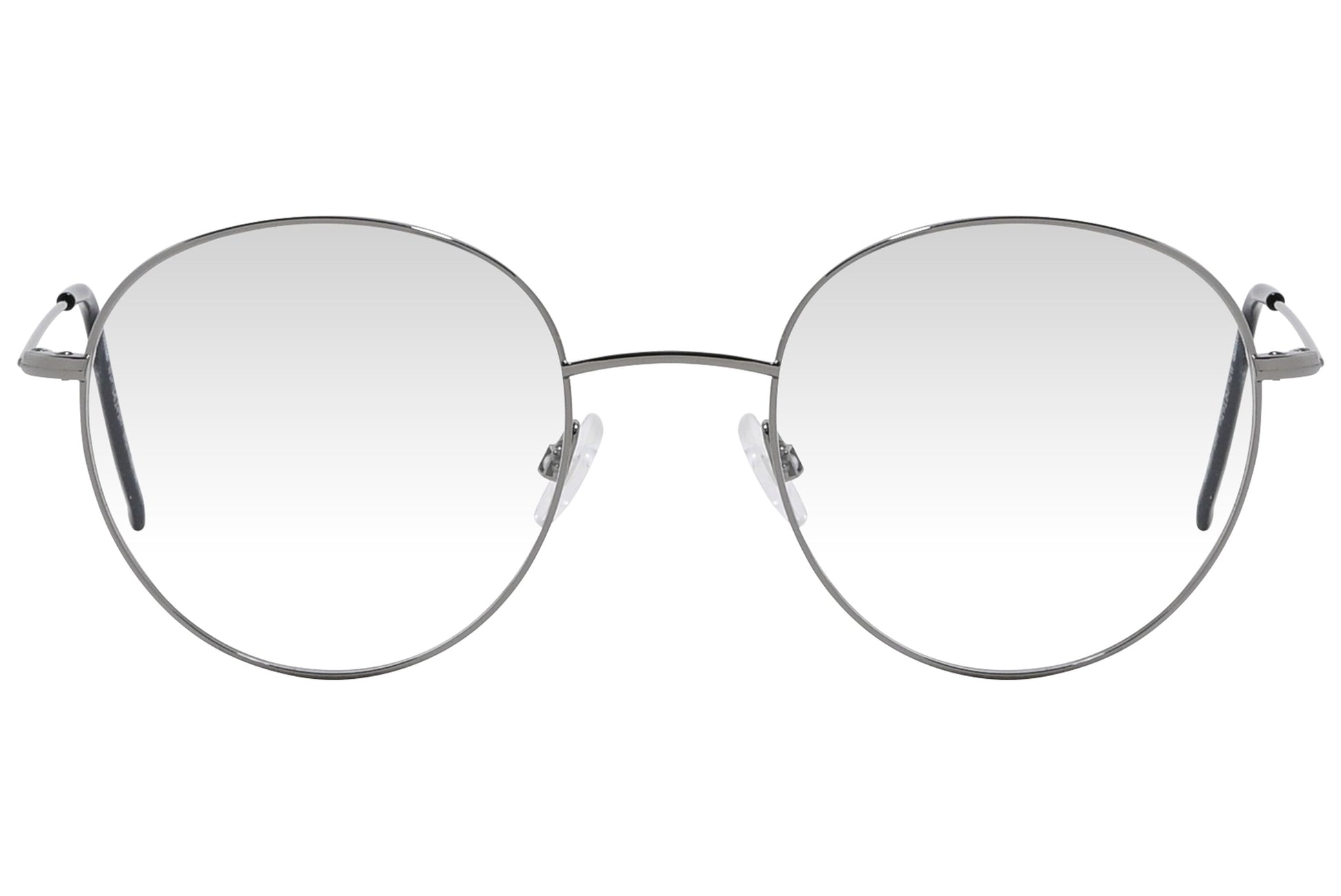 cellini round silver eyeglasses frame viewed from front angle.