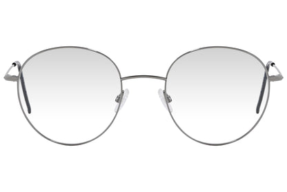 cellini round silver eyeglasses frame viewed from front angle.