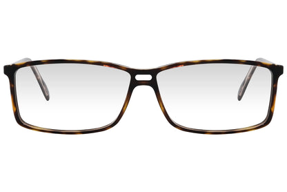 cellini rectangle tortoise eyeglasses frame viewed from front angle.