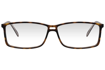 cellini rectangle tortoise eyeglasses frame viewed from front angle.