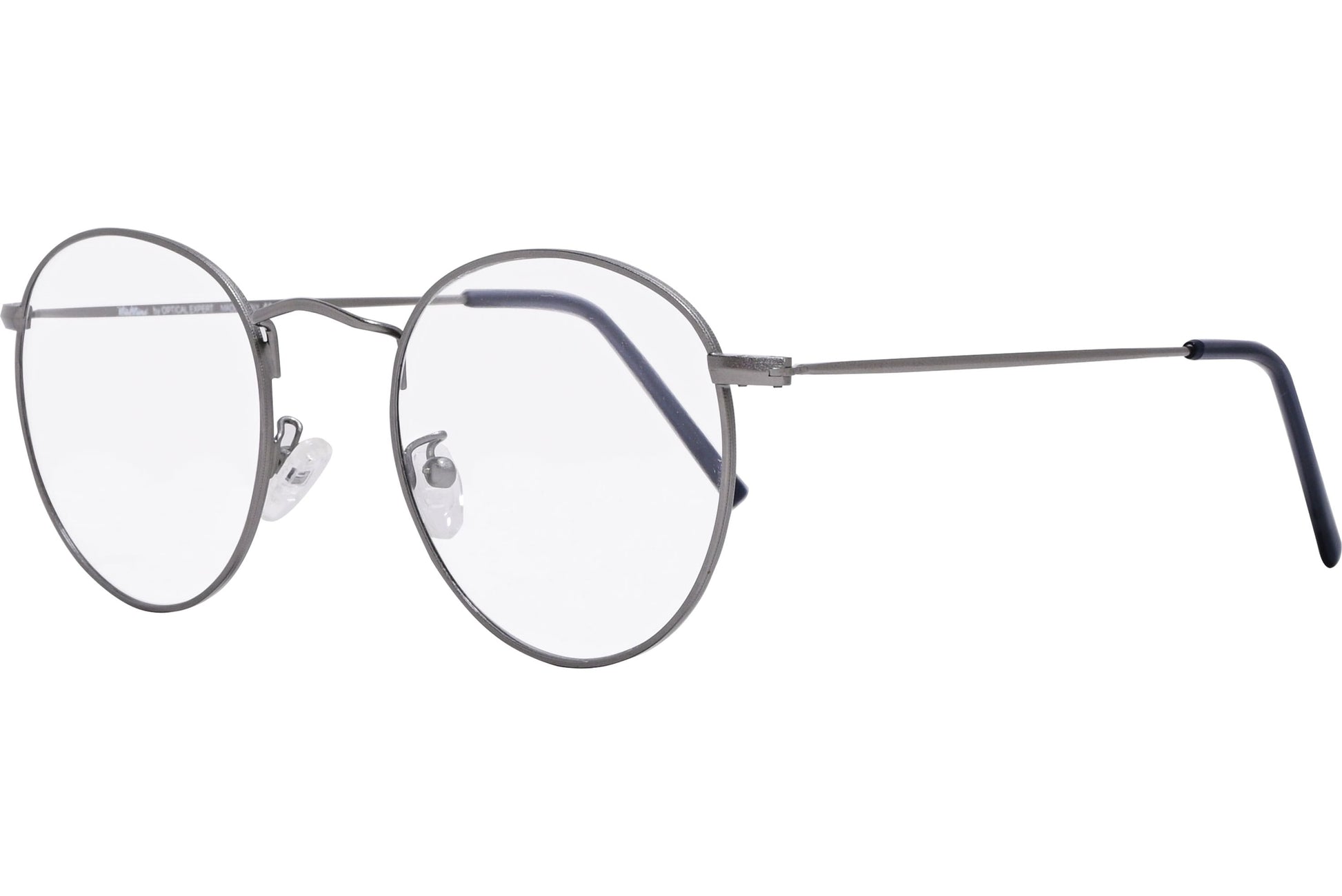 Cellini Round Gray Eyeglasses Frame Viewed From A 45-Degree Angle.