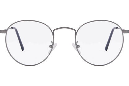 Cellini Round Gray Eyeglasses Frame Viewed From Front Angle.