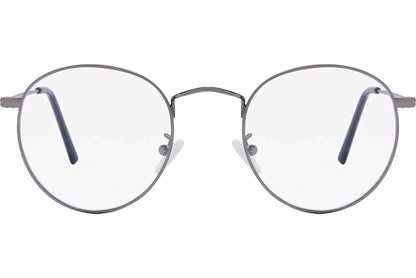 Cellini Round Gray Eyeglasses Frame Viewed From Front Angle.