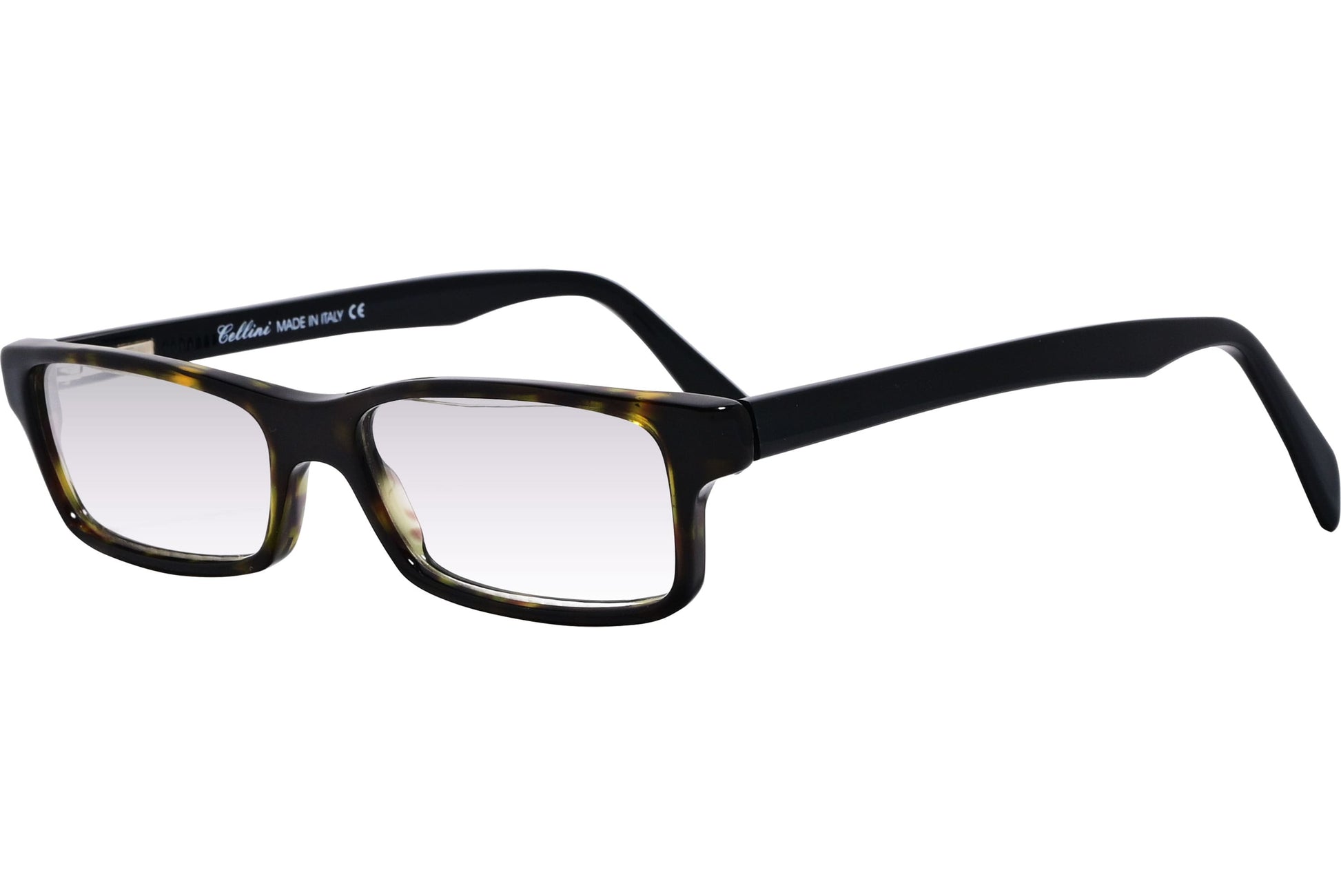 Cellini Rectangle Tortoise Eyeglasses Frame Viewed From A 45-Degree Angle.