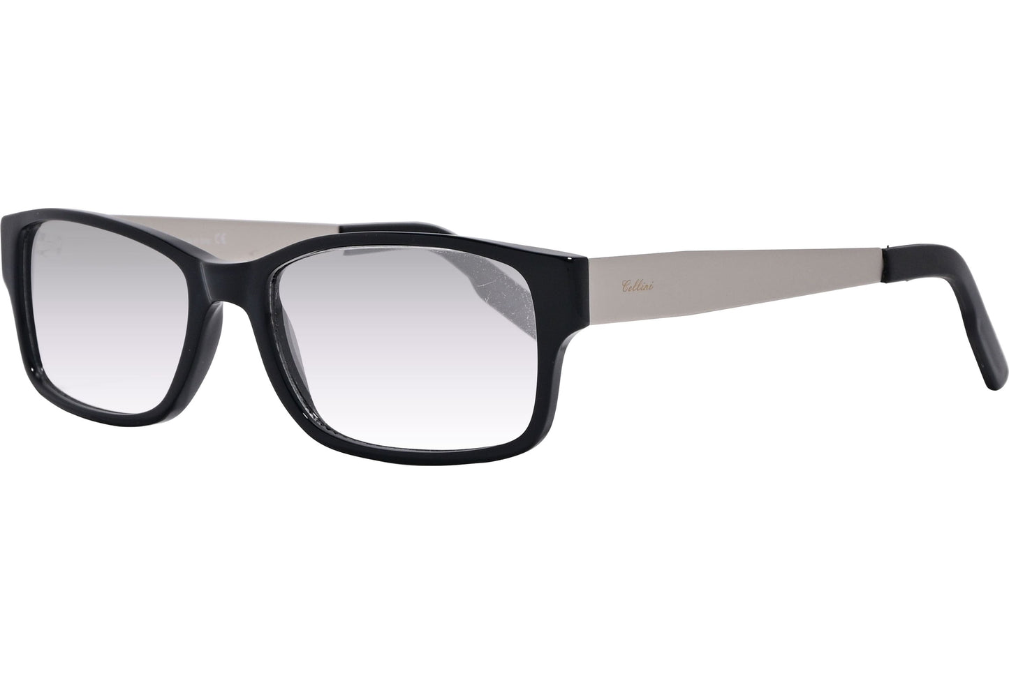 Cellini Rectangle Black And Gray Eyeglasses Frame Viewed From A 45-Degree Angle.