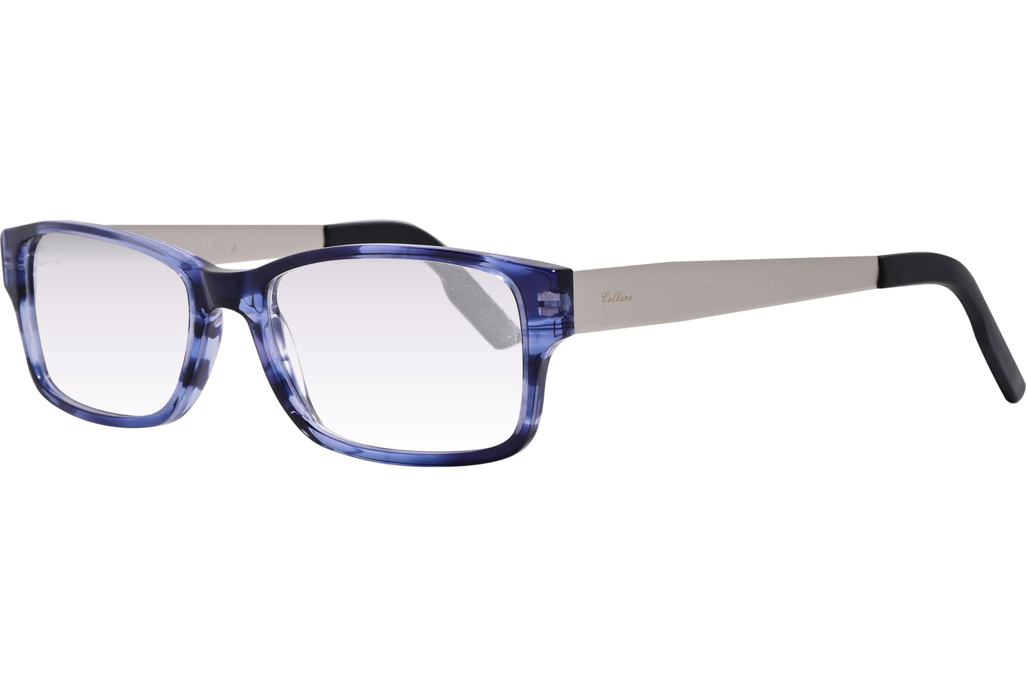 Cellini Rectangle Blue And Gray Eyeglasses Frame Viewed From A 45-Degree Angle.