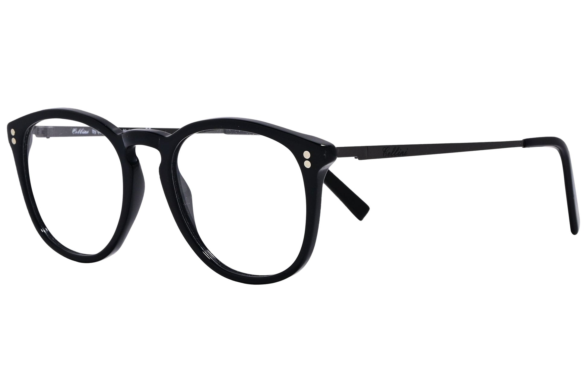 Cellini Round Black Eyeglasses Frame Viewed From A 45-Degree Angle.