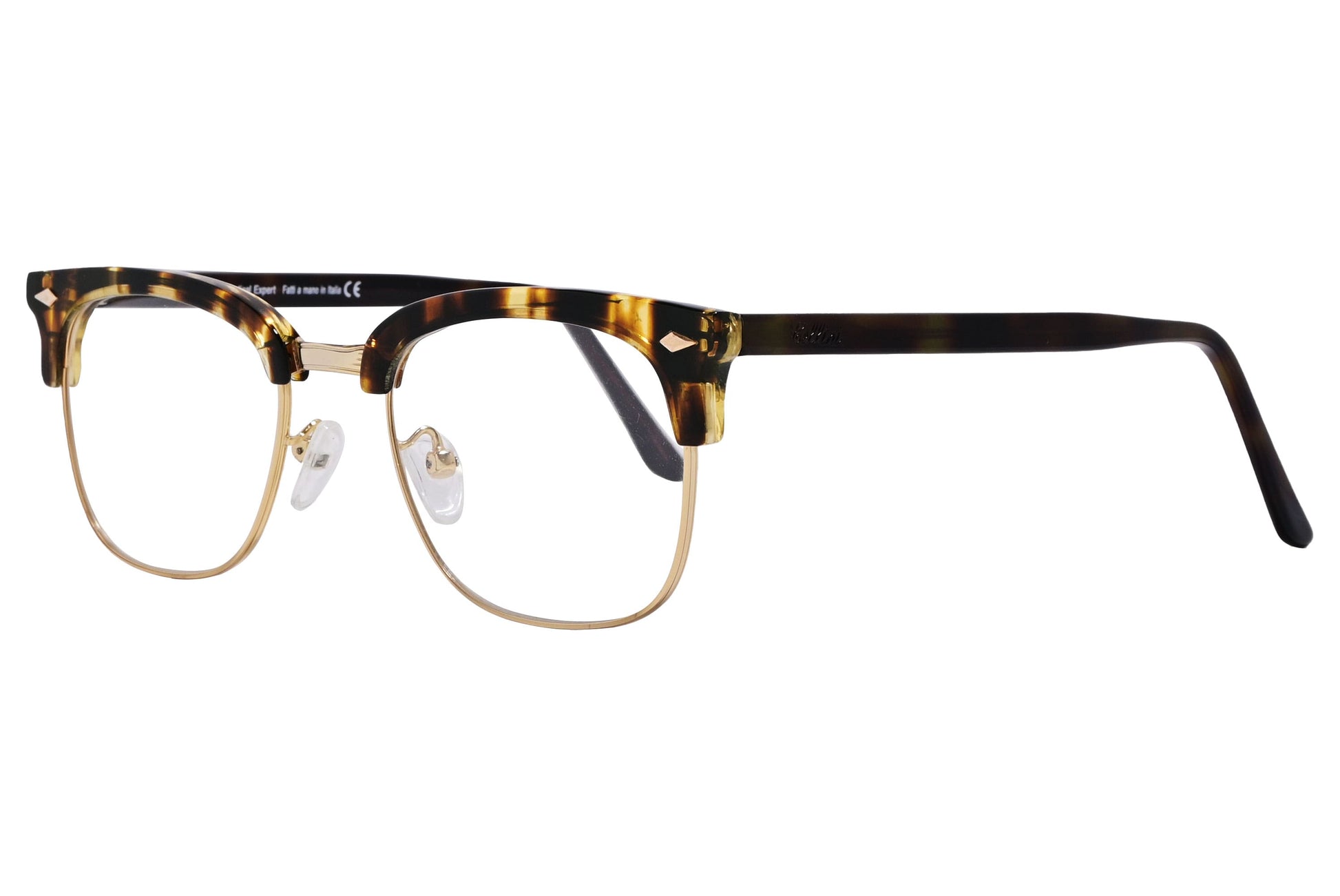 Cellini Browline Tortoise And Gold Eyeglasses Frame Viewed From A 45-Degree Angle.