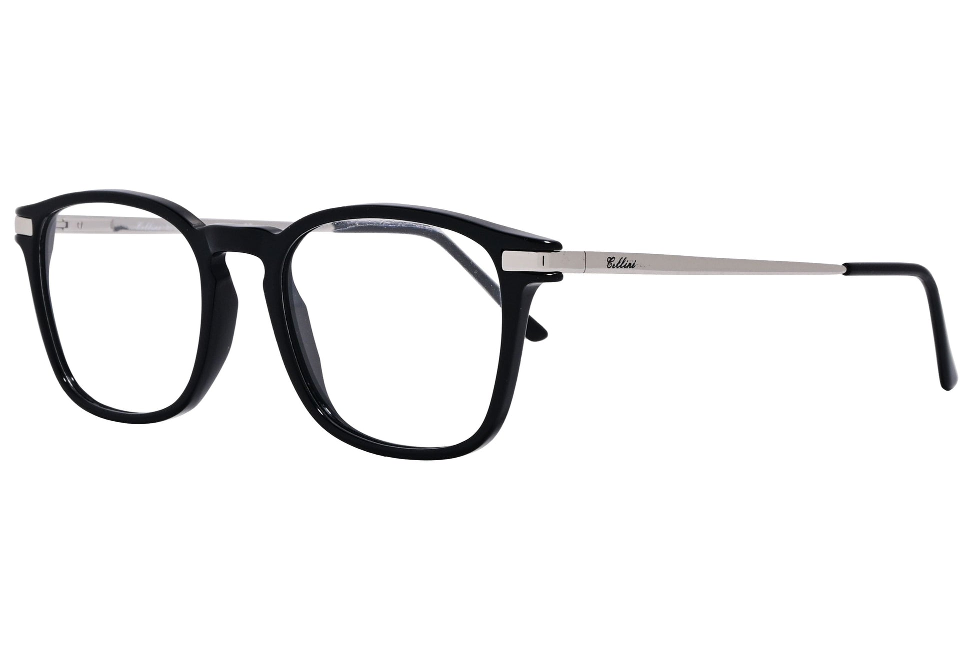 Cellini Square Black And Silver Eyeglasses Frame Viewed From A 45-Degree Angle.