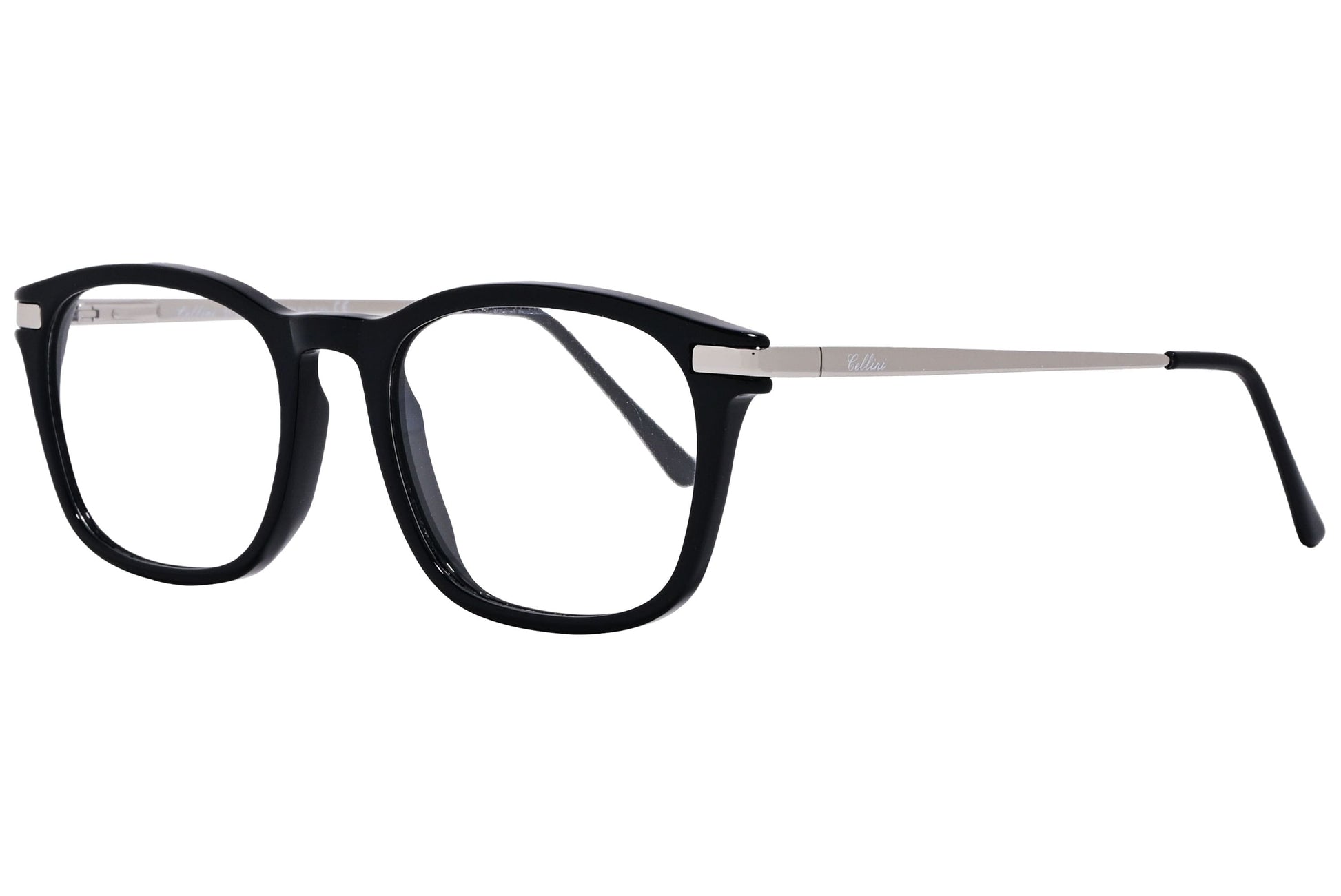 Cellini Square Black And Silver Eyeglasses Frame Viewed From A 45-Degree Angle.