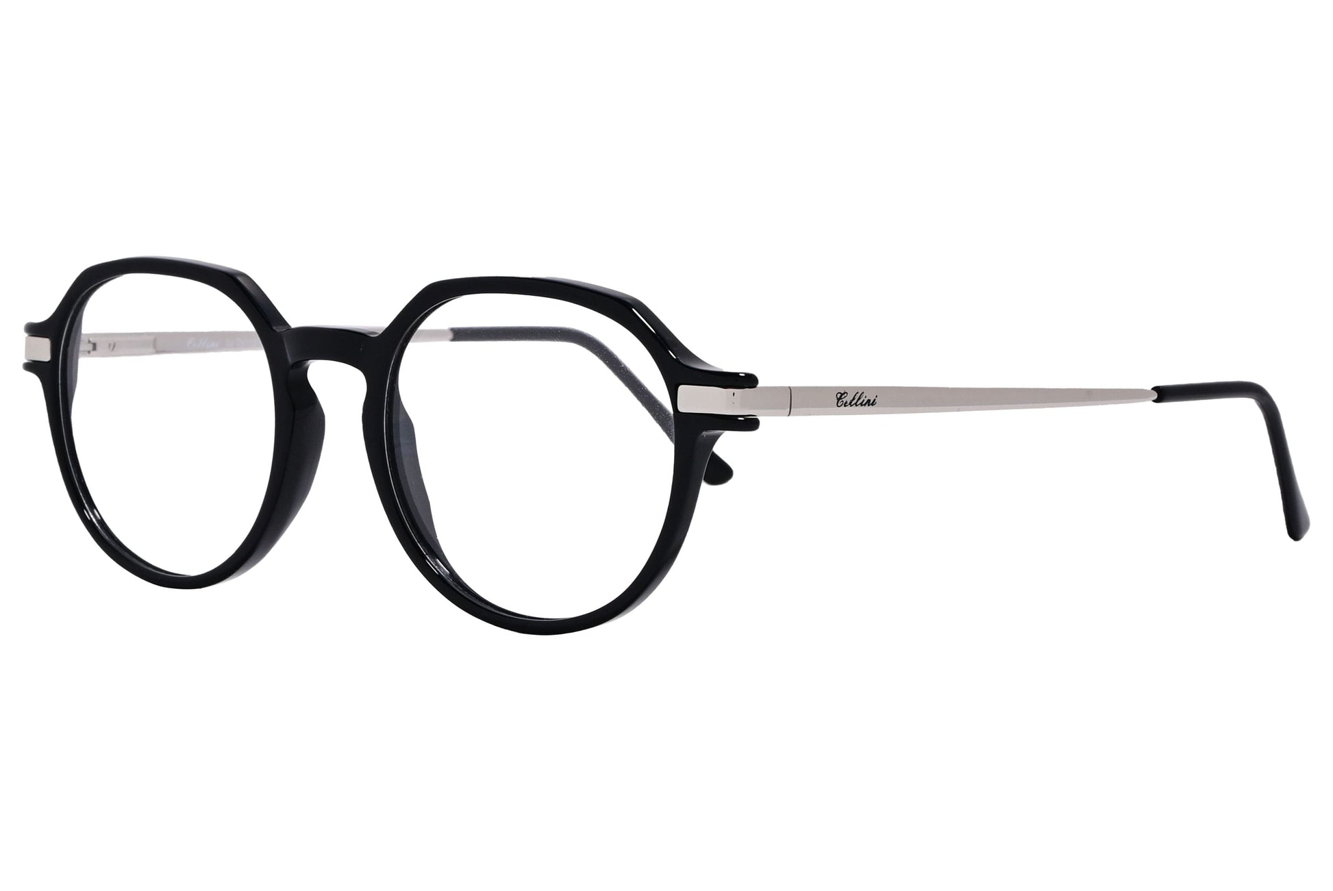 cellini round black and silver eyeglasses frame viewed from a 45-degree angle.