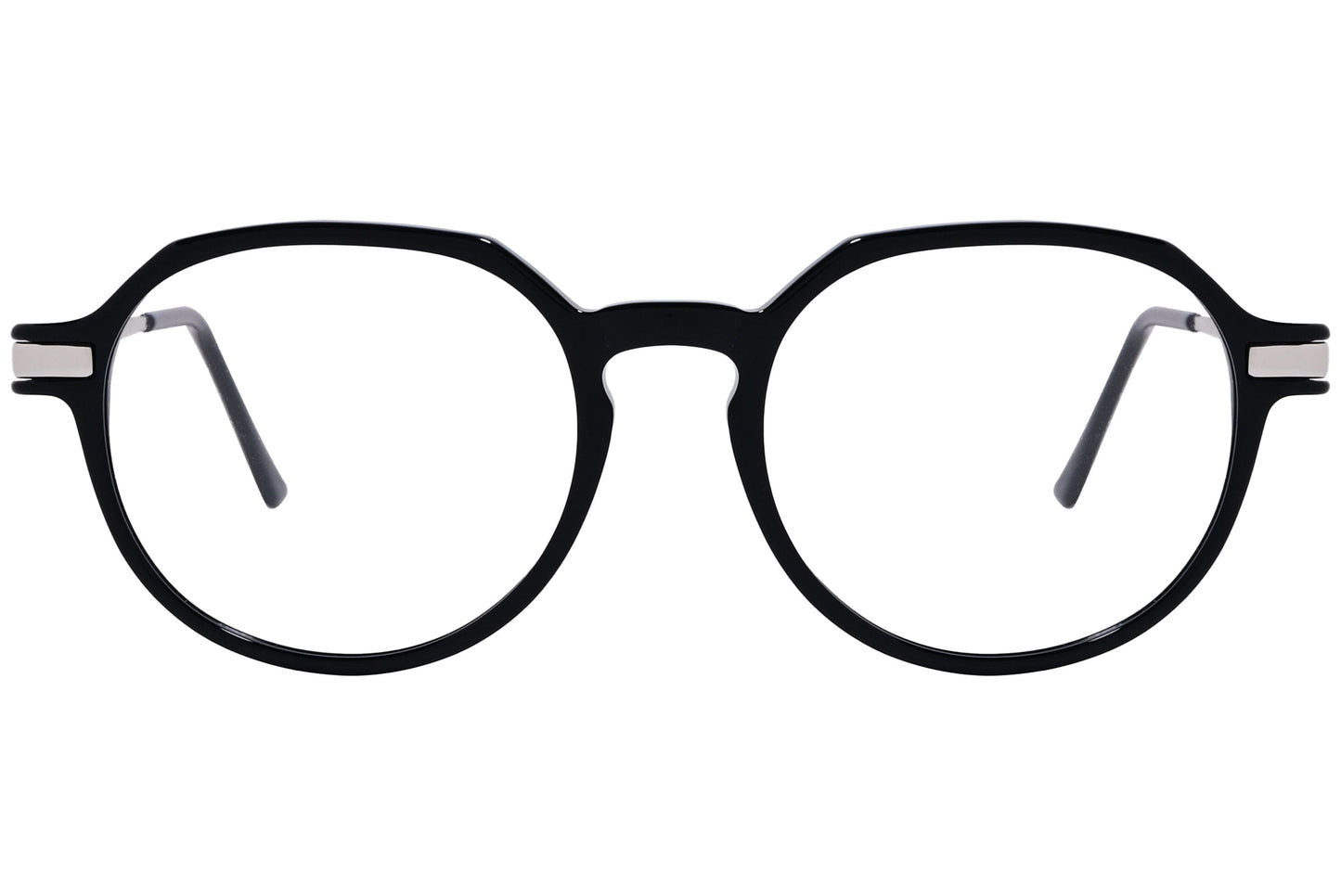 cellini round black and silver eyeglasses frame viewed from front angle.