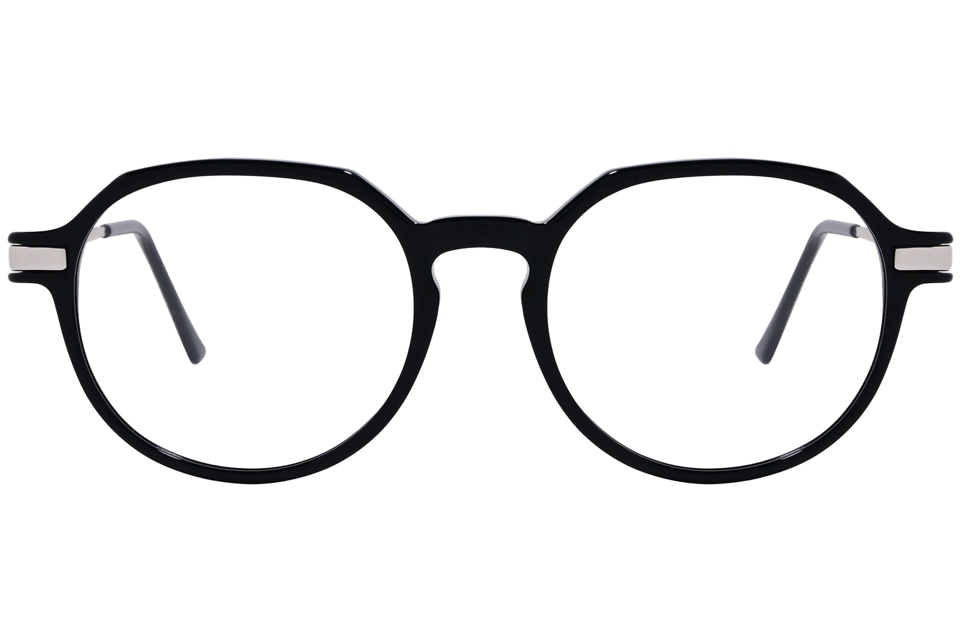 cellini round black and silver eyeglasses frame viewed from front angle.