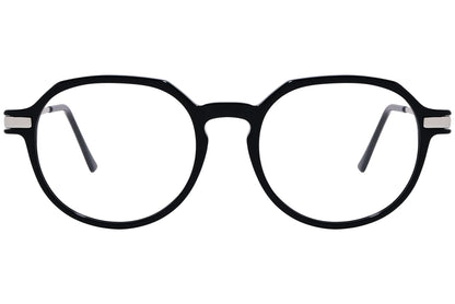 cellini round black and silver eyeglasses frame viewed from front angle.