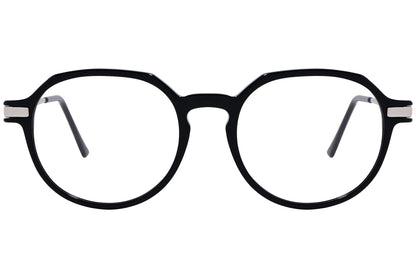 cellini round black and silver eyeglasses frame viewed from front angle.