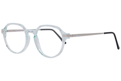 cellini round white and silver eyeglasses frame viewed from a 45-degree angle.