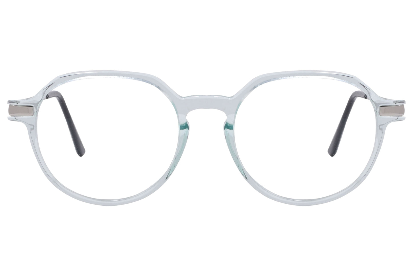 cellini round white and silver eyeglasses frame viewed from front angle.