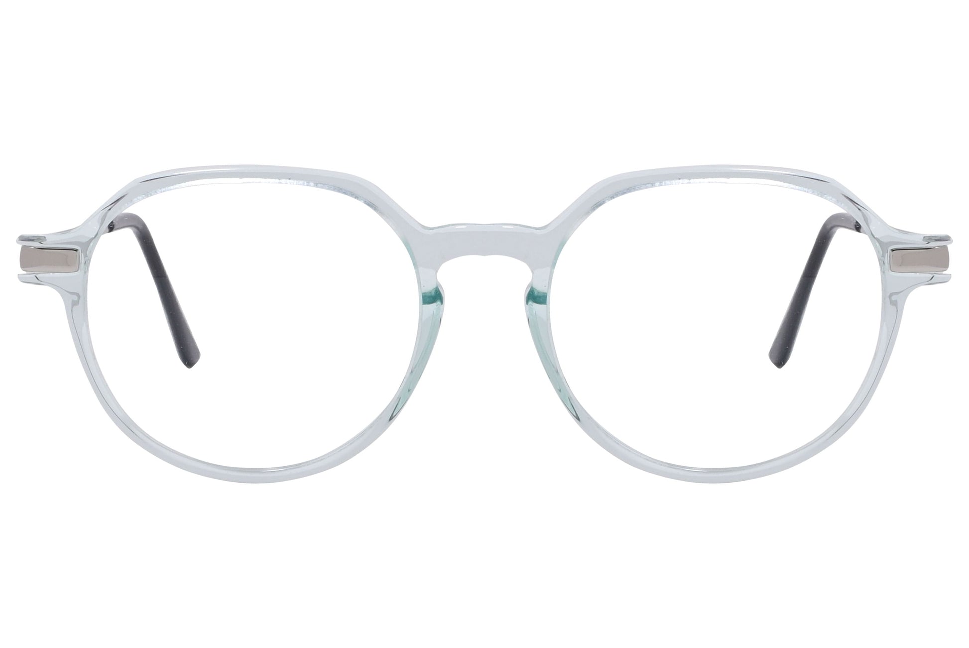 cellini round white and silver eyeglasses frame viewed from front angle.