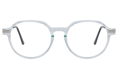 cellini round white and silver eyeglasses frame viewed from front angle.