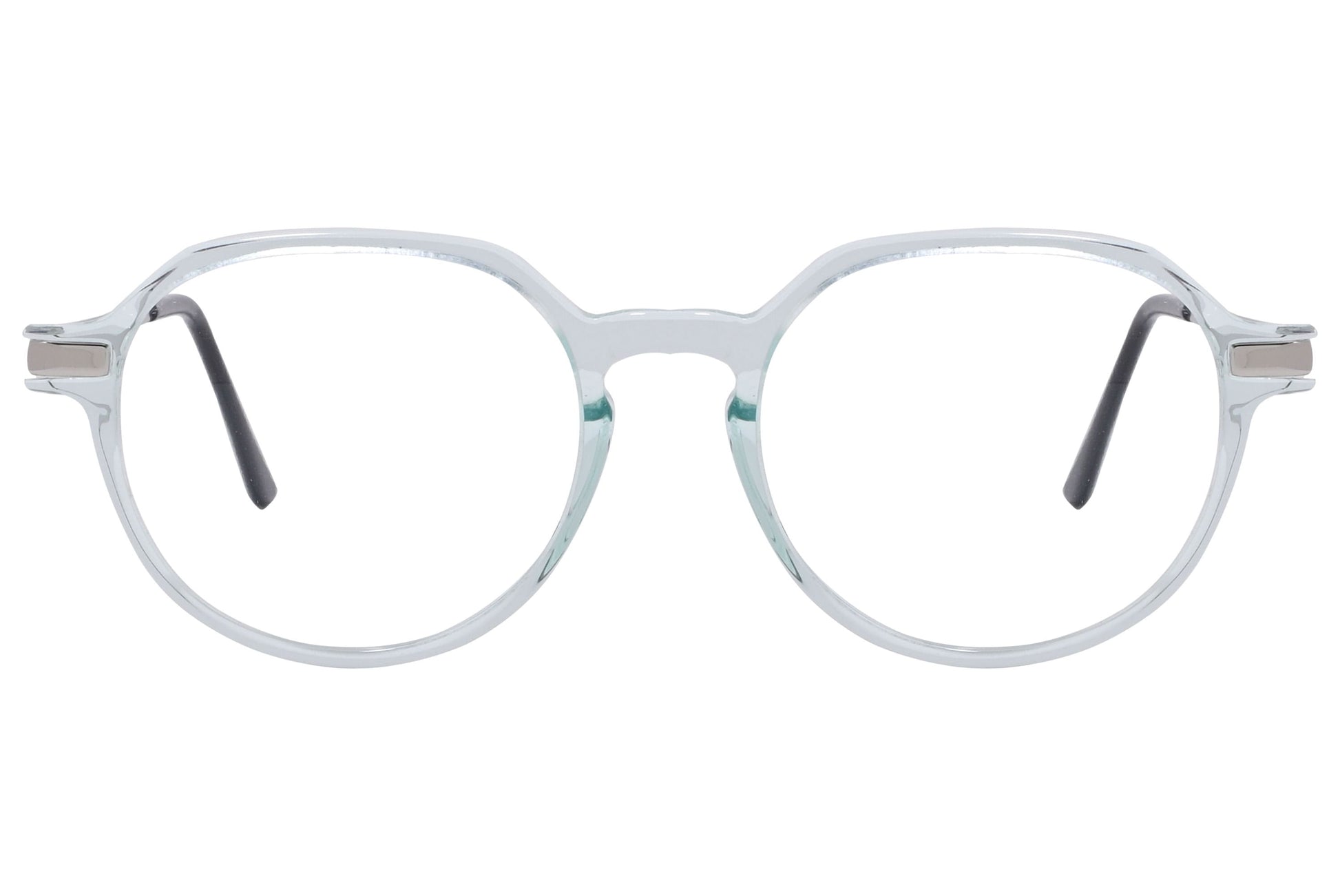 cellini round white and silver eyeglasses frame viewed from front angle.