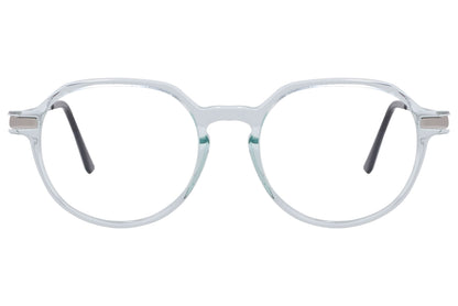 cellini round white and silver eyeglasses frame viewed from front angle.