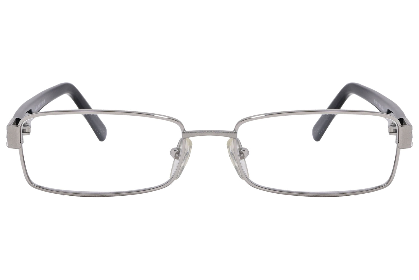 cellini rectangle silver and black eyeglasses frame viewed from front angle.