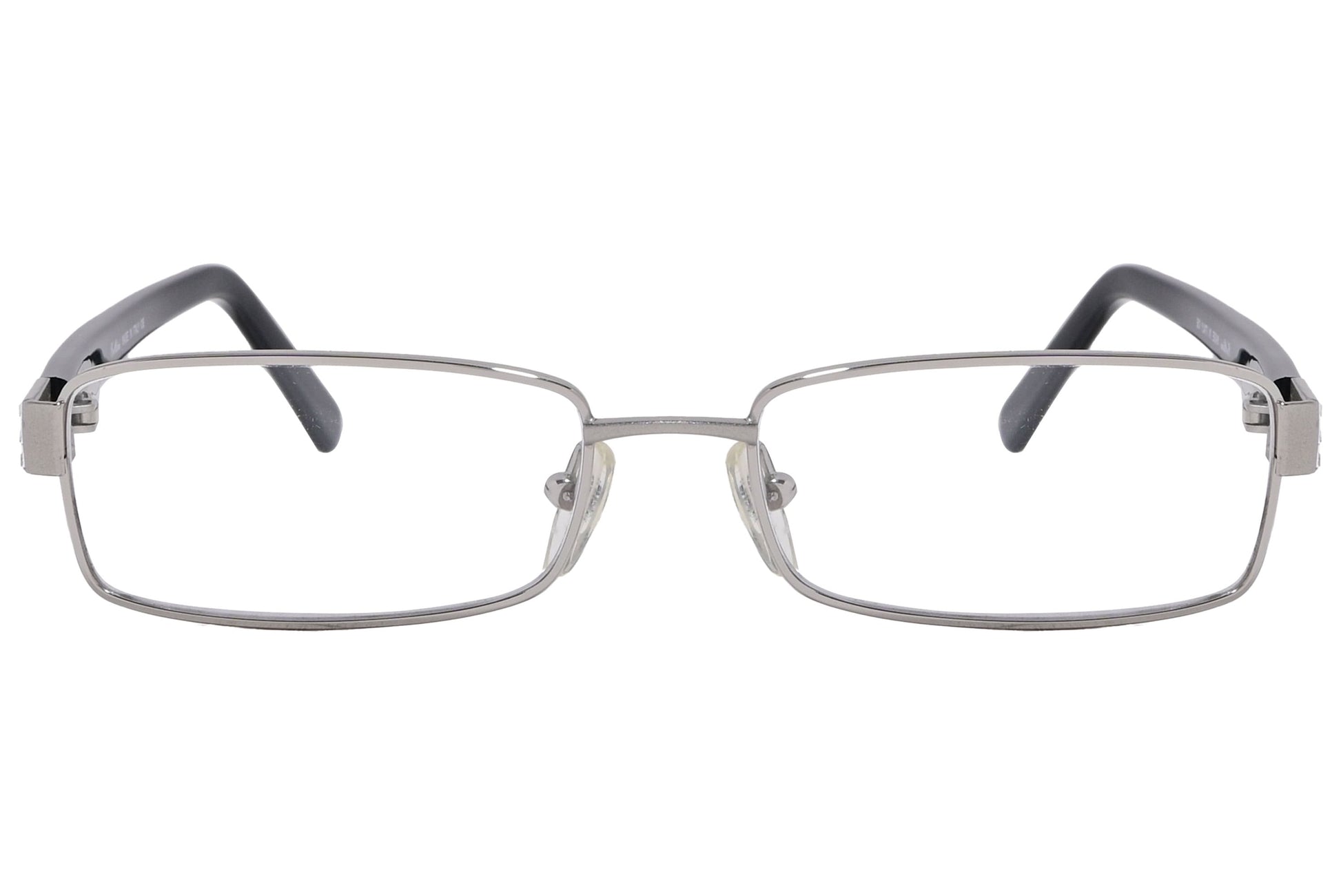 cellini rectangle silver and black eyeglasses frame viewed from front angle.