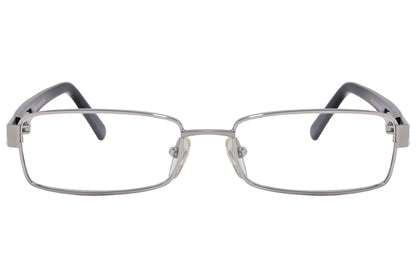 cellini rectangle silver and black eyeglasses frame viewed from front angle.