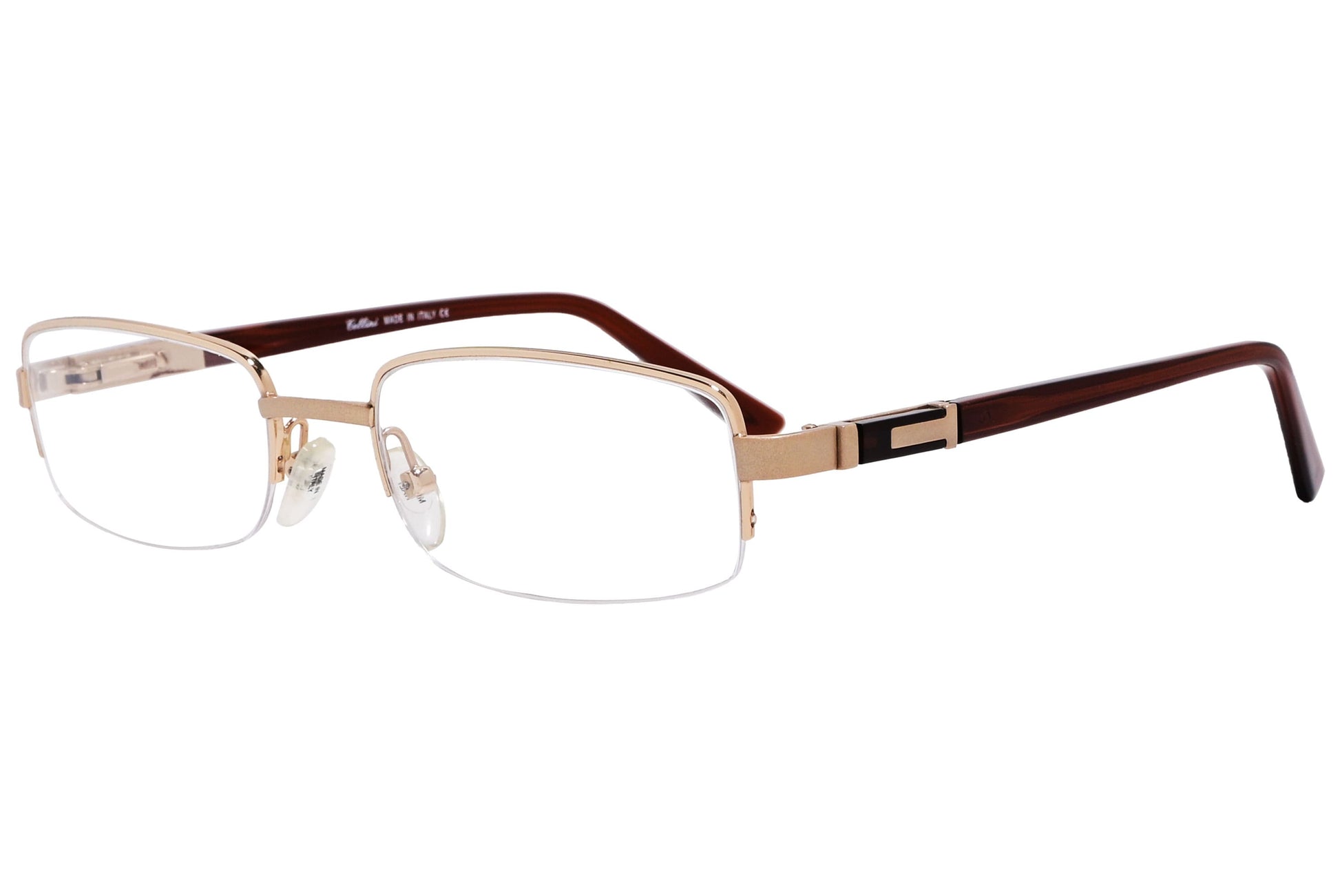 cellini round gold and brown eyeglasses frame viewed from a 45-degree angle.