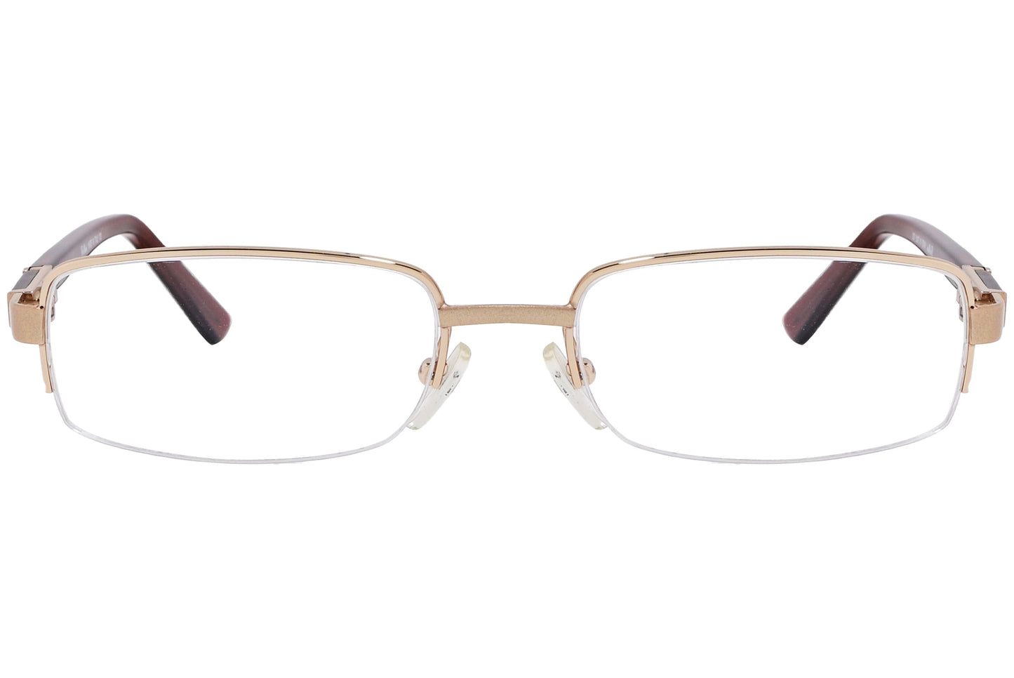 cellini round gold and brown eyeglasses frame viewed from front angle.