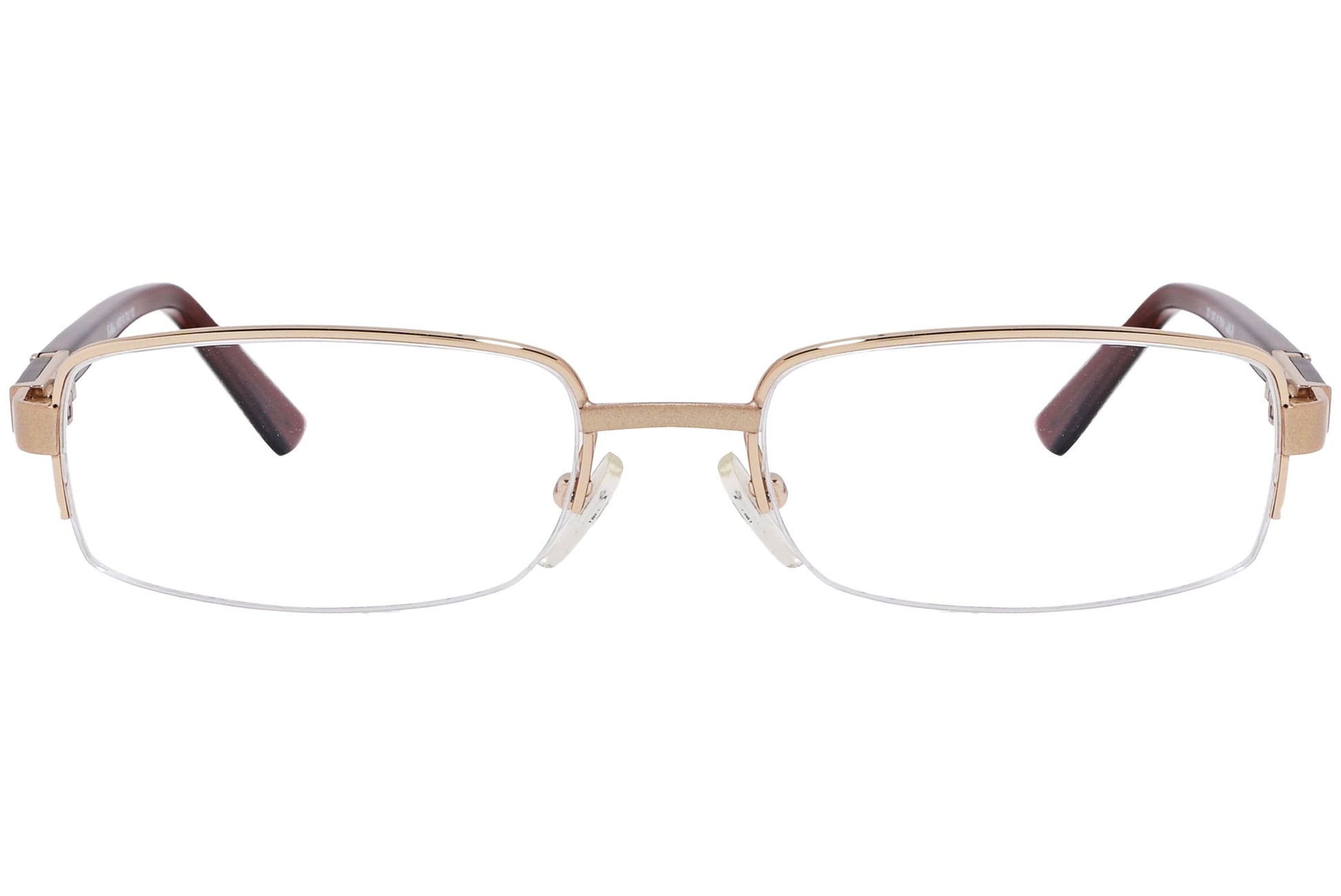 cellini round gold and brown eyeglasses frame viewed from front angle.