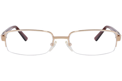 cellini round gold and brown eyeglasses frame viewed from front angle.