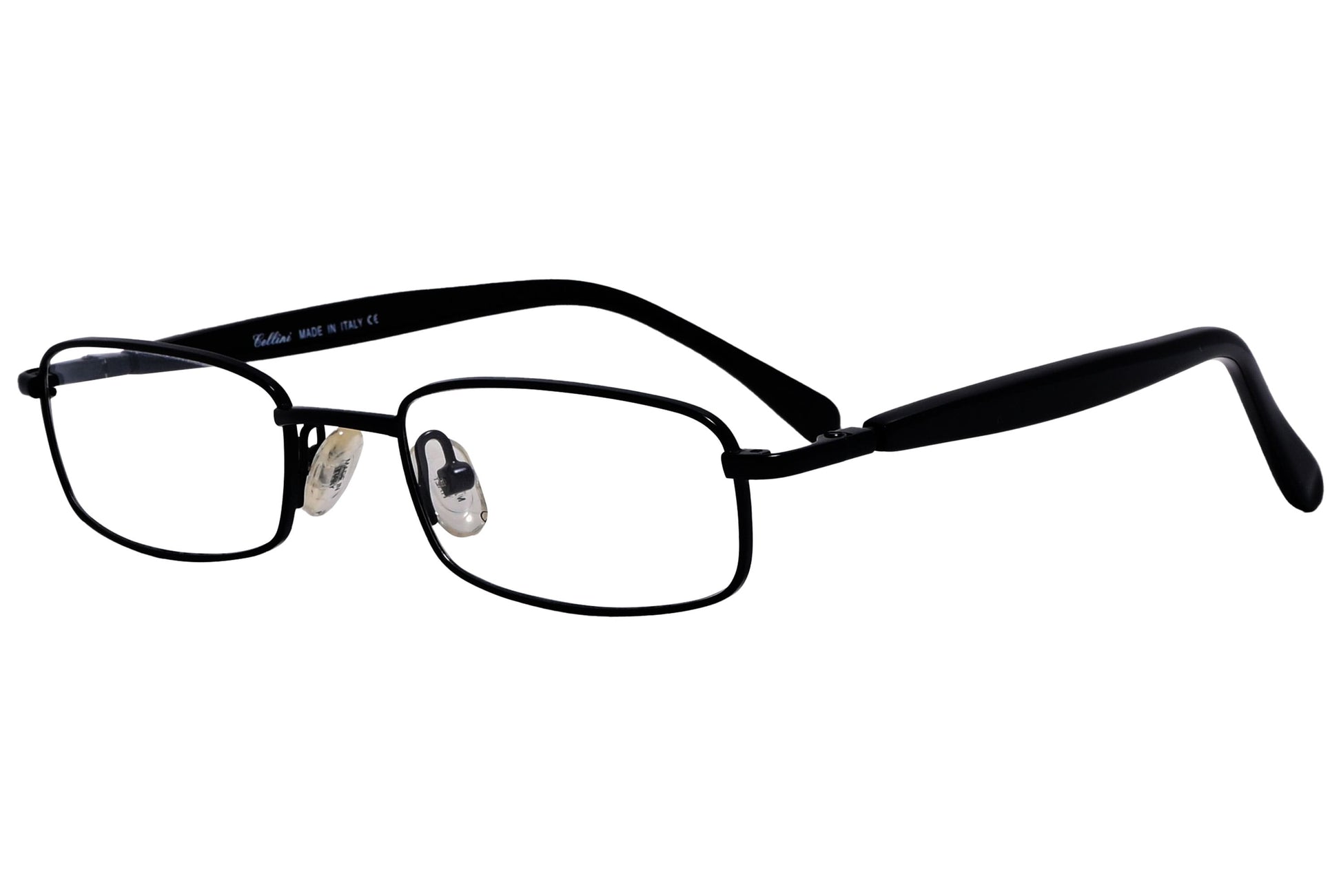 cellini rectangle black eyeglasses frame viewed from a 45-degree angle.