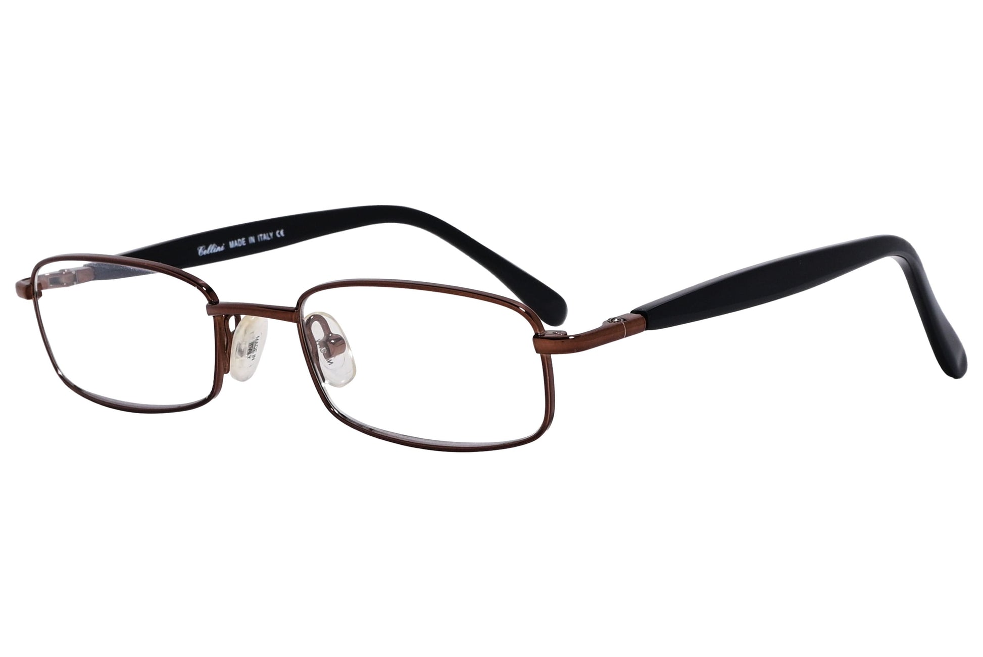 cellini rectangle bronze and black eyeglasses frame viewed from a 45-degree angle.